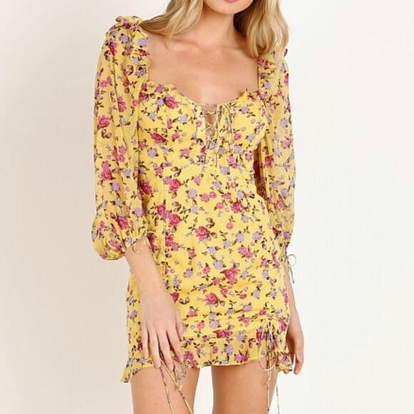 For Love&Lemons Yellow Silk Floral Beaumont Mini Dress Sz.M - Picture 3 of 16